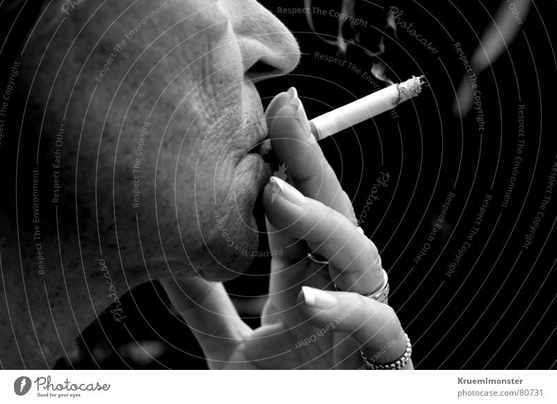 Smoking can be fatal!!! Harmful Disastrous Senior citizen Cigarette Woman Unhealthy Fingers Nail Hand Lady Black & white photo Manicure Female senior Smoke Face