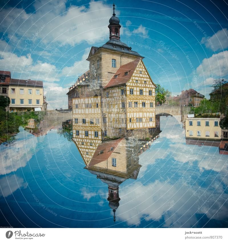 up so down Architecture Rococo Clouds Beautiful weather Bamberg Half-timbered house Facade Tourist Attraction Landmark City hall Exceptional Famousness