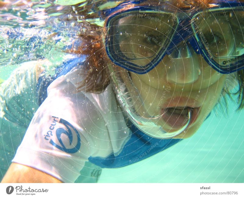 blubb blubb Amazed Lake Woman Diving goggles Ocean Bright Curiosity Portrait photograph Snorkeling Air bubble Surprise Underwater photo Young woman Transparent