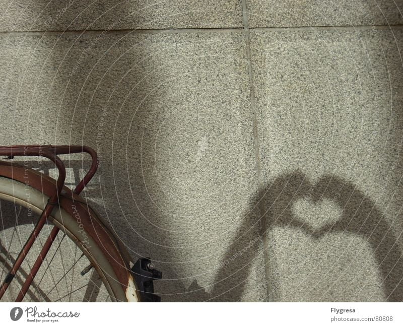 I heart... Bicycle Wall (building) Rear light Hand Driving Like Sincere Vehicle Heart Wall (barrier) Ancient Darken Old Love luggage carrier Spokes Shadow