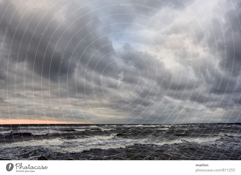 three-weather relay Landscape Water Sky Clouds Horizon Sunrise Sunset Spring Weather Bad weather Wind Gale Waves Baltic Sea Ocean Deserted Blue Gray Pink White