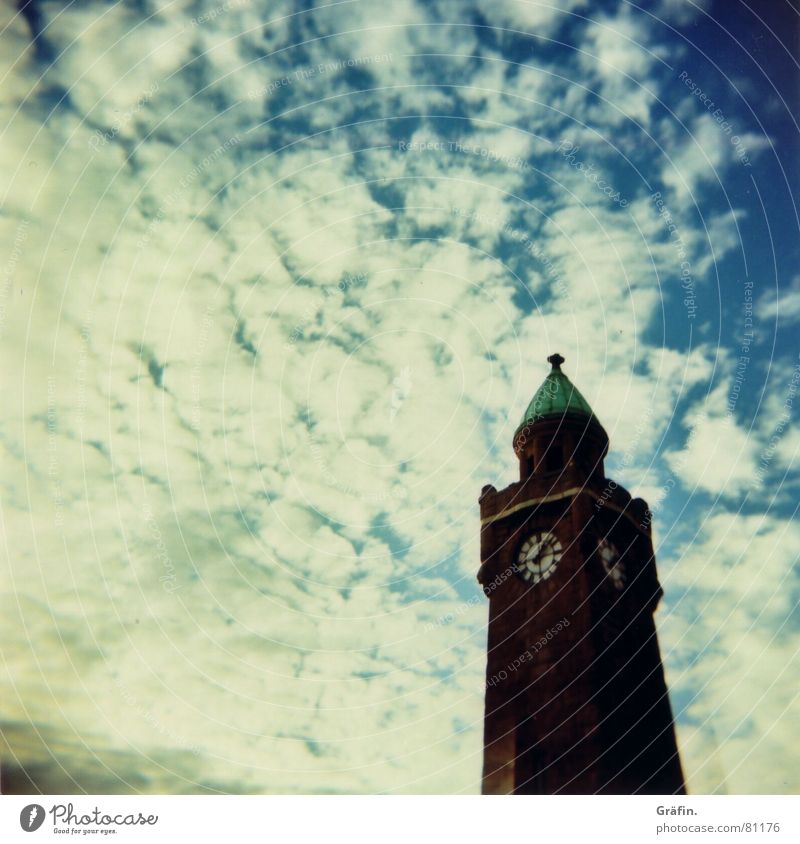 The gateway to the world Clouds Clock Watercraft Longing Far-off places Art Tourist Sightseeing Cross processing Holga Jetty Landmark Monument Lomography 9x9