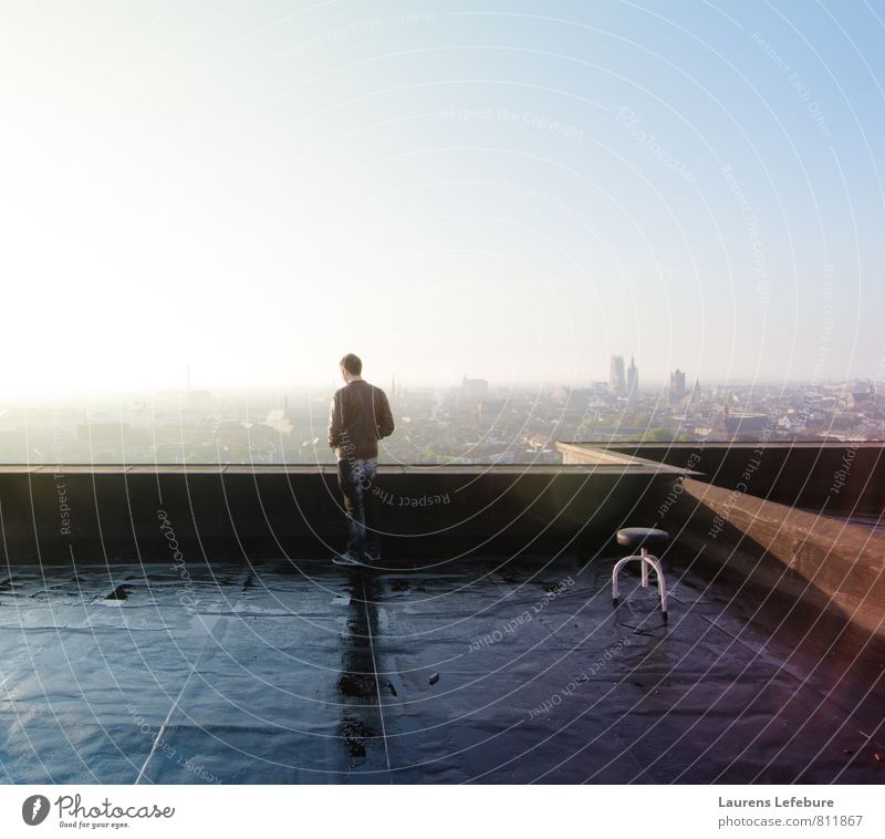 The wanderer above the city of fog Ghent Belgium Europe Town Skyline Church Dome Tower Building Roof Fashion Pants Jeans Jacket Peaceful Calm Wisdom Integrity