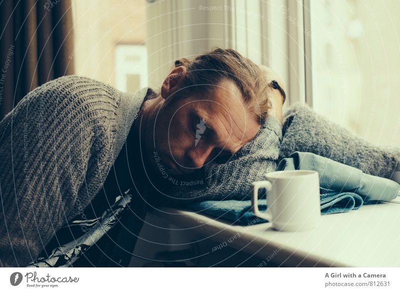 snore Human being Masculine Man Adults Life 1 30 - 45 years Sleep Exhaustion Boredom Fatigue Coffee break Window board Interior shot Copy Space right Day Light