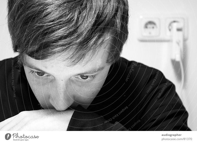 Concentration level 8 Man Hand Work and employment Screen Socket Concentrate Black Monochrome Portrait photograph Reflection Interior shot Youth (Young adults)