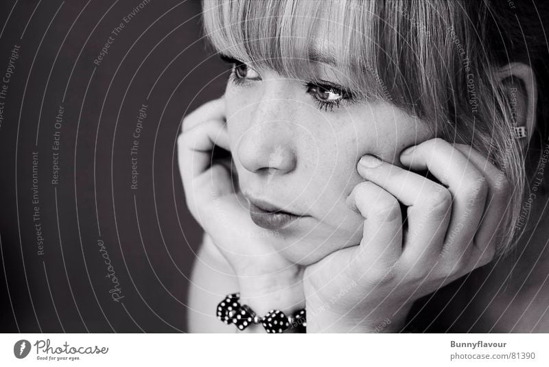 game Woman Feminine Simple Portrait photograph Young woman Blonde Concentrate Black & white photo Bangs Face Lady Dice