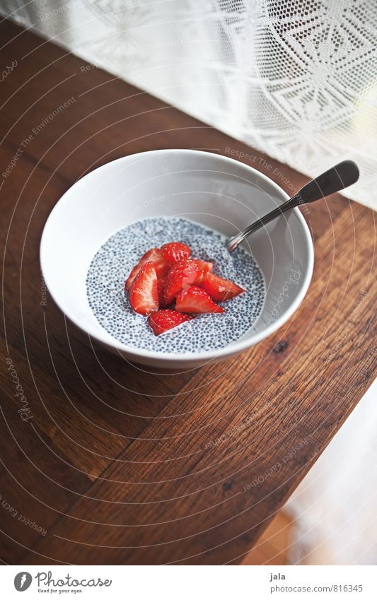 chia pudding Food Fruit Candy Pudding Chia pudding Strawberry Nutrition Breakfast Organic produce Vegetarian diet Slow food Bowl Spoon Healthy Eating Fresh
