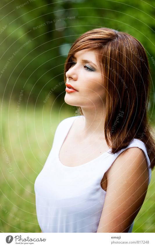 out Feminine Young woman Youth (Young adults) Face 1 Human being 18 - 30 years Adults Nature Beautiful weather Green Colour photo Exterior shot Copy Space left