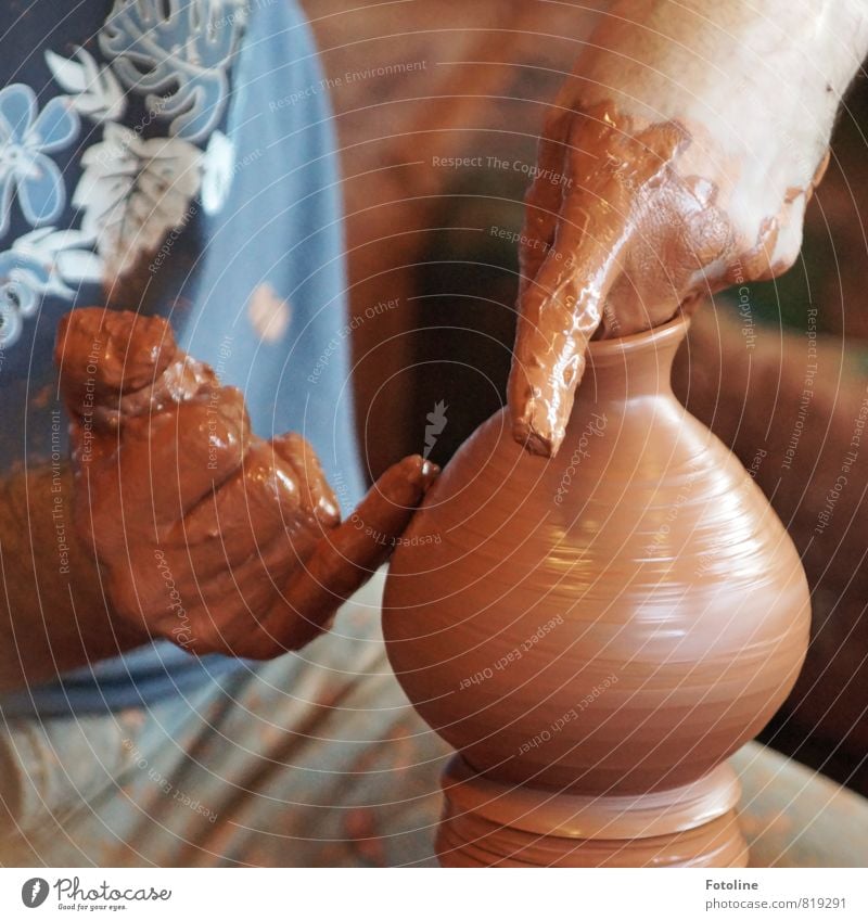 Good old handwork Human being Skin Hand Fingers 1 Bright Wet Beautiful Blue Brown Do pottery Potter Pottery Clay Colour photo Multicoloured Exterior shot