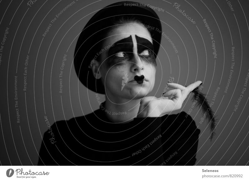 feathered Cosmetics Make-up Lipstick Human being Feminine Woman Adults Face Hand Fingers 1 Subculture Rockabilly Hat Dark Feather Clown Black & white photo