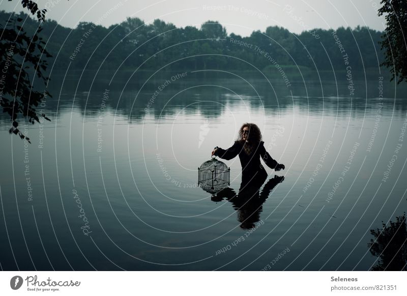 go into the water Waves Human being Feminine Woman Adults 1 Environment Nature Plant coast Lakeside River bank Pond Cage Bird's cage Sadness Wet Grief