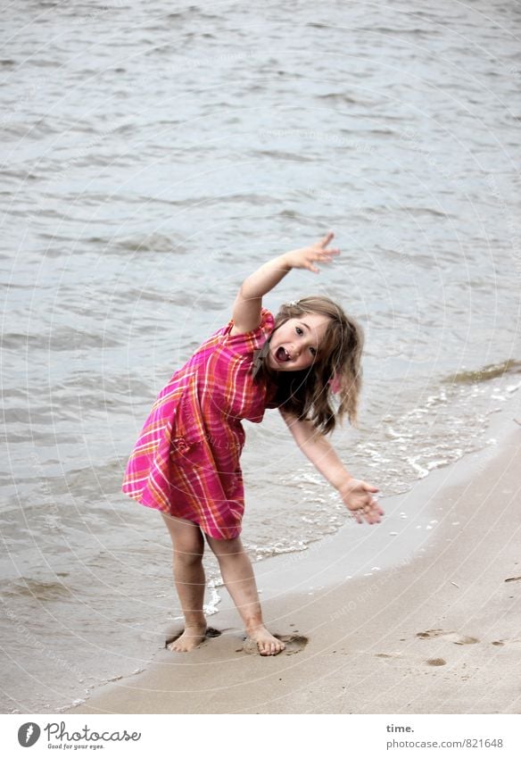 Lina makes the wave Fitness Sports Training girl 1 Human being 3 - 8 years Child Infancy Environment Sand Water Waves Coast River bank Beach Dress Barefoot