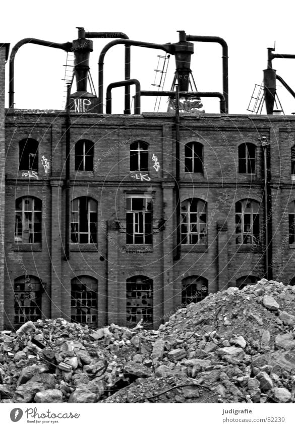 Industrial Romanticism IV Needy Ruin Scrap metal Trash Building Facade Brick Window Decline Hannover Factory Rubber Dark Might Historic Sordid Fate War Useless