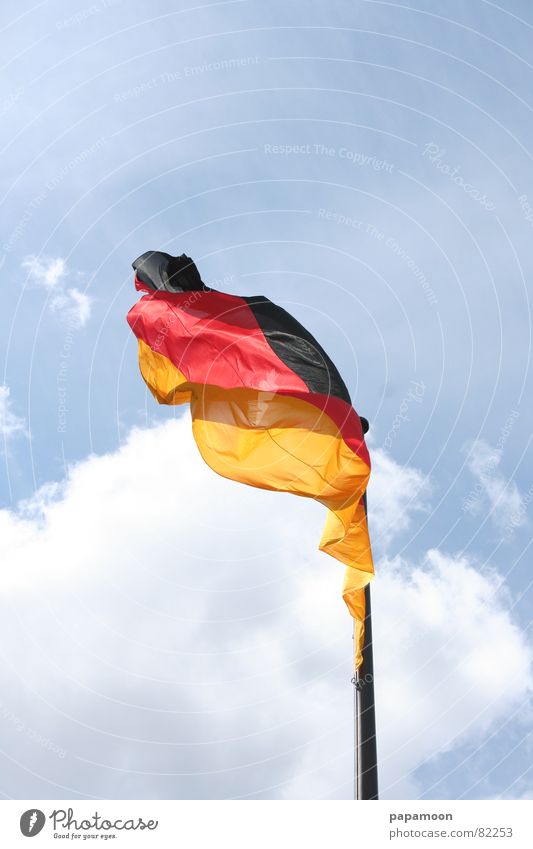 National symbol Colour photo Exterior shot Detail Day Air Sky Wind Reichstag Traffic infrastructure Stripe Flag Original Wild Gold Red Black Enthusiasm Might