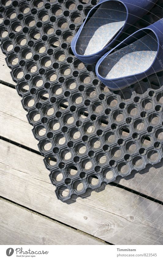 We have to stay outside. Vacation & Travel Denmark Terrace Footwear clogs Doormat Wooden floor Plastic Line Simple Blue Gray Emotions Pattern Hollow
