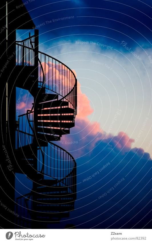 upward Ascending Multicoloured Red Clouds Dark Building Winding staircase Going Modern Above Upward Downward Stairs Sky Blue Handrail architecture Ladder
