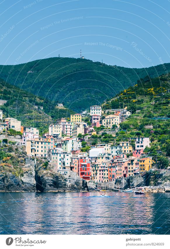 snuggled up on the slope Vacation & Travel Landscape Sky Cloudless sky Summer Beautiful weather Coast Ocean Mediterranean sea Cinque Terre Italy Village