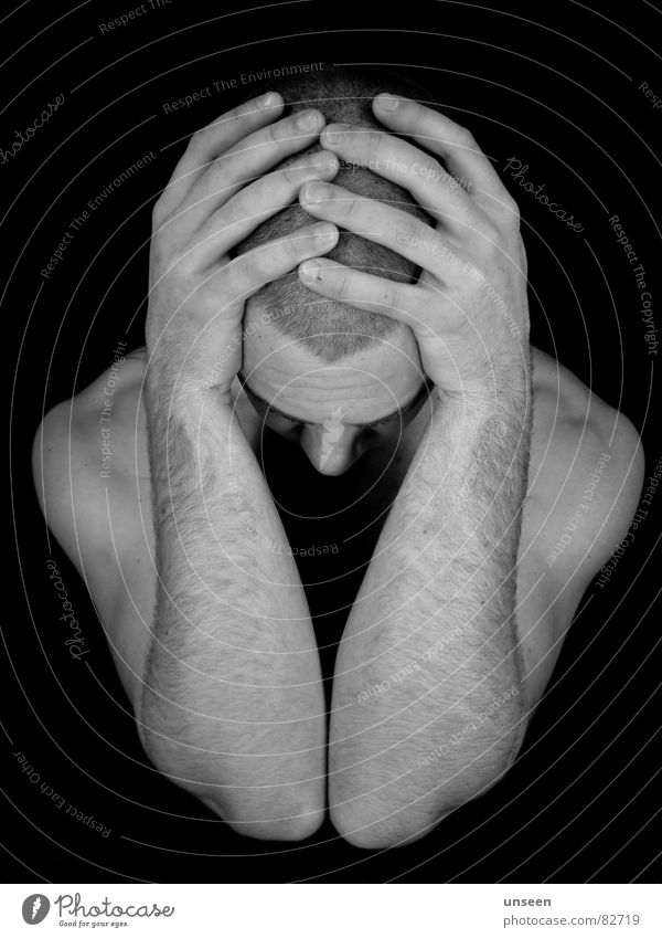 barred indoors Face Man Adults Head Arm Hand Fingers Dark Black Loneliness Distress Perspective Fellow Doomed Guy Black & white photo elbow Man`s head