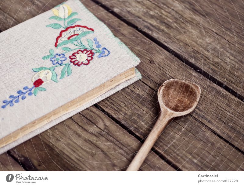 Grandma's Cookbook Wooden spoon Decoration Ornament Old Wooden table Book Binding Embroidered Housekeeping Colour photo Interior shot Copy Space right