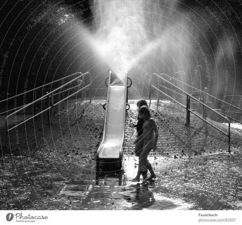 Water playground_01 Black & white photo Exterior shot Light Shadow Contrast Playing Summer Climbing Mountaineering Child Infancy 2 Human being 8 - 13 years Fog