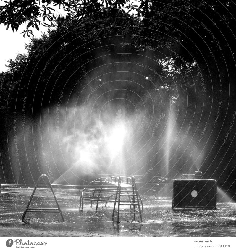 Water playground_02 Black & white photo Exterior shot Deserted Light Shadow Contrast Reflection Summer Fog Warmth Town Playground Toys Romp Cool (slang) Cold