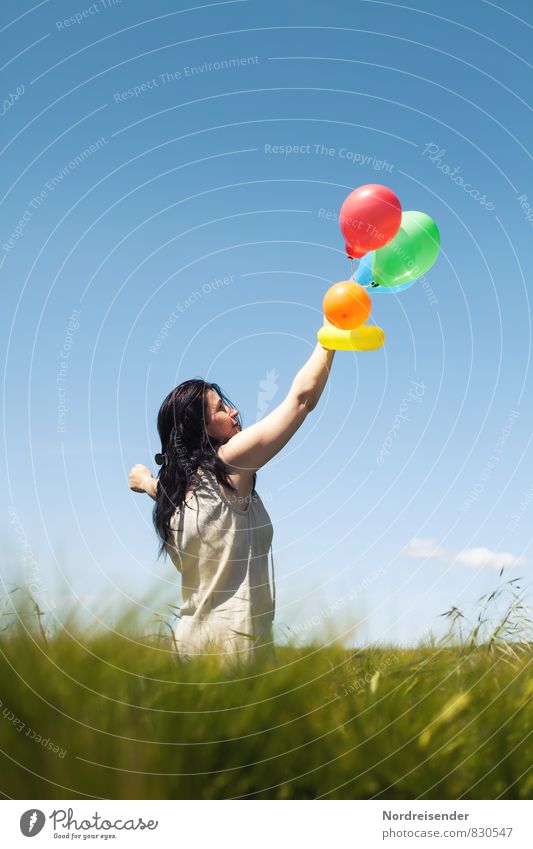 Young woman with balloons in a summery field Lifestyle Harmonious Playing Summer Human being Feminine Woman Adults 1 Nature Cloudless sky Beautiful weather