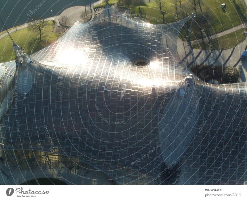 Olympic Park5 Olympic Tower Munich Roof Round Aerial photograph Architecture Behnisch Sun Reflection