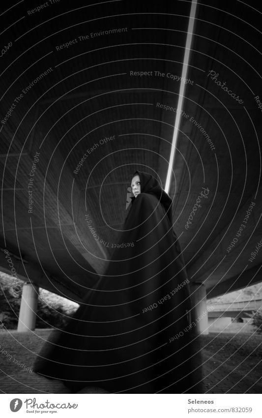 Into Darkness Carnival Human being Woman Adults Face 1 Overpass Bridge Monk's habit Cape Hooded (clothing) Black & white photo Exterior shot Light Shadow