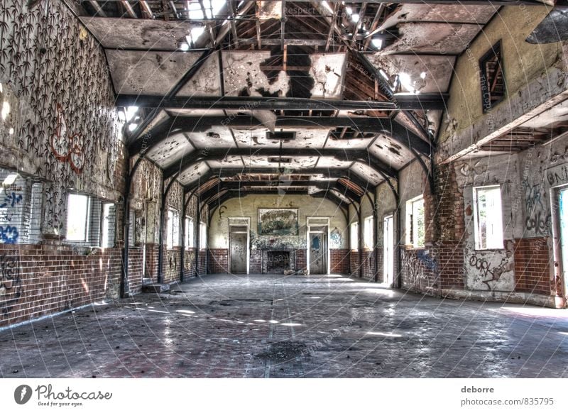 View of the big hall inside a derelict building with graffiti and broken windows. Deserted House (Residential Structure) Ruin Manmade structures Building Stone