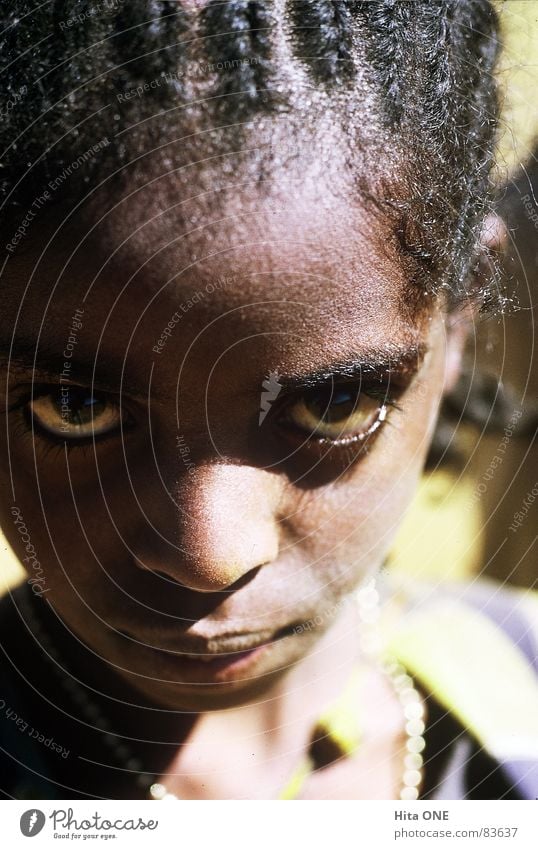instant Mistrust Cautious Girl Child Africa Black Braids Plaited Ethiopia Looking Woman Goggle eyes Face Skin color Fix Saucer-eyed Young woman Complexion
