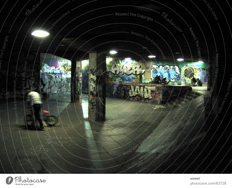 Skateboard and BMX Park Bicycle Night Graffiti Puberty Vicinity Playing skaterpark embankment BMX bike Group Youth (Young adults) Dugout shelter
