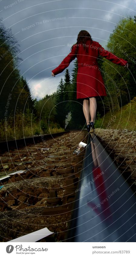 take care Feminine Woman Adults Legs 1 Human being Sky Autumn Forest Railroad tracks Coat Green Red Colour photo Exterior shot Copy Space top Day Reflection