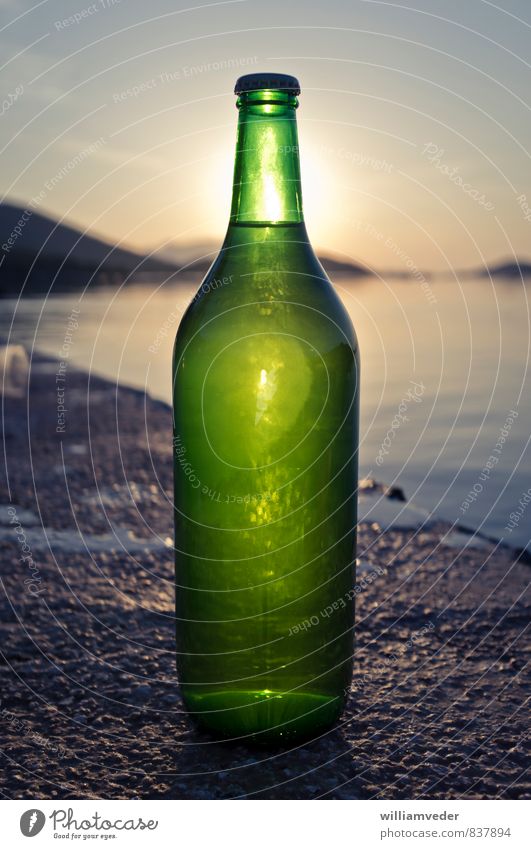 Green bottle in the sunset Nutrition Picnic Drinking Bottle Relaxation Calm Vacation & Travel Tourism Adventure Freedom Summer Summer vacation Sun Glass Vice