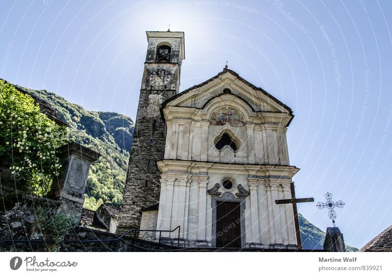 Santa Maria degli Angeli Lavertezzo Verzasca Valley Canton Tessin Switzerland Europe Village Church Crucifix Moody Colour photo Exterior shot Deserted Morning