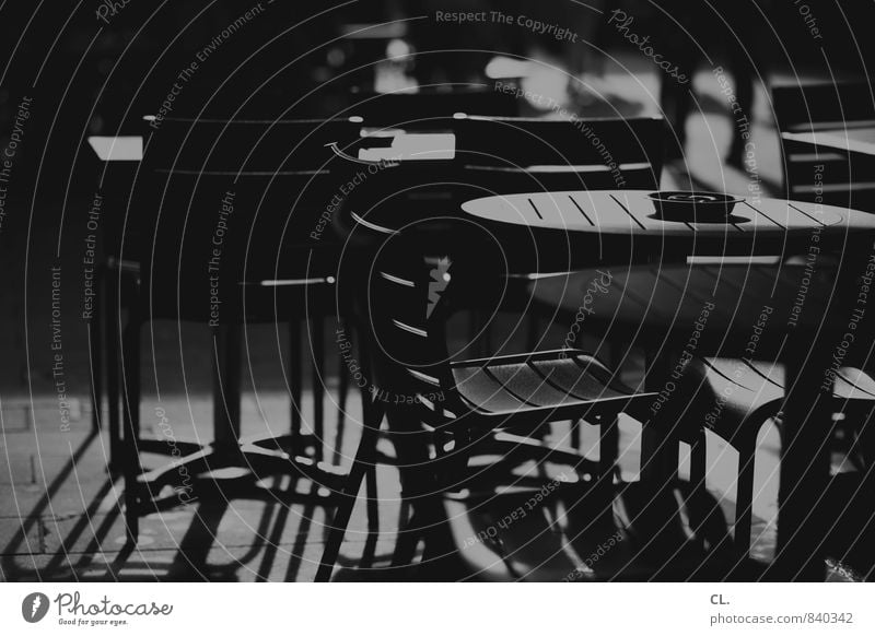 Peace and quiet in the city Chair Ashtray Table Sit Gloomy Calm Café Restaurant Deserted Opening time Closed Black & white photo Exterior shot Day Light Shadow