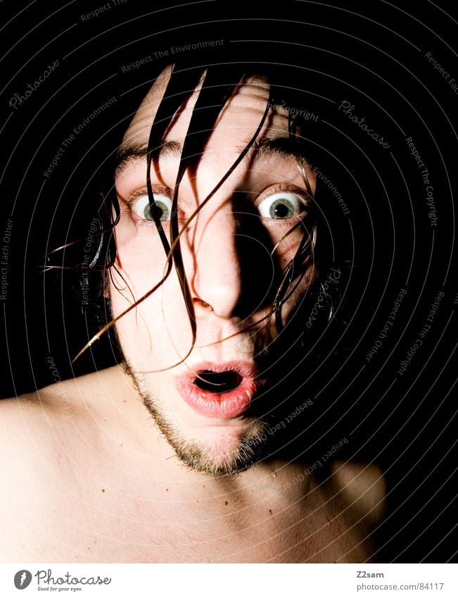 oh shit!!!!!! Scare Abrupt Amazed Surprise Portrait photograph Masculine Wet Long Long-haired Facial hair Tear open Upper body Man yet Marvel Face Close-up Head