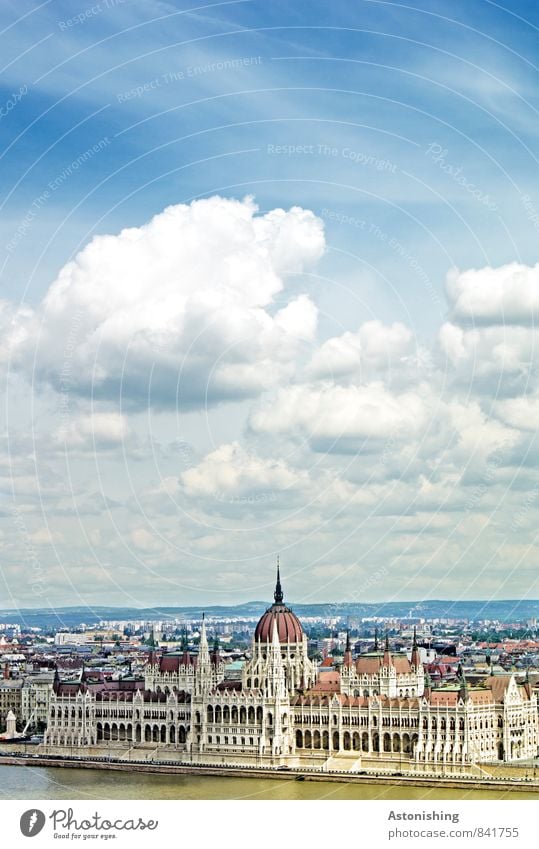 Parliament Budapest Environment Nature Air Water Sky Clouds Horizon Summer Weather Beautiful weather River Danube Hungary Europe Town Capital city Downtown