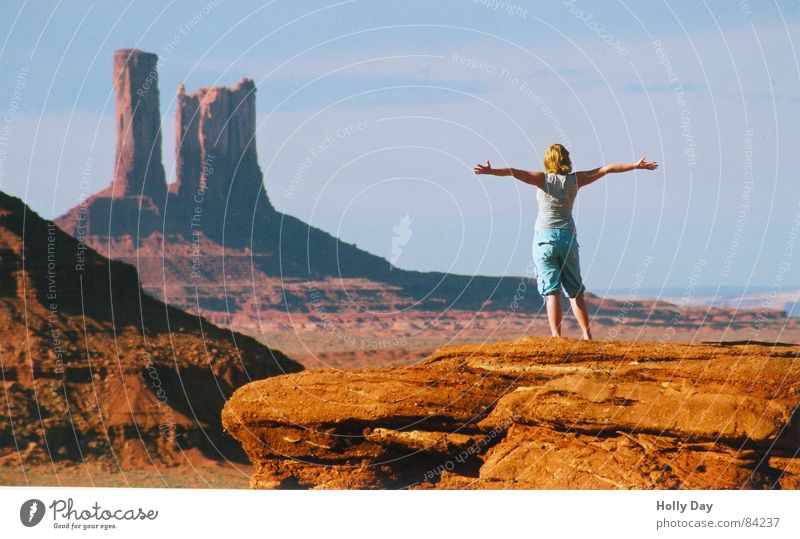 freedom Cliff Woman Red Outstretched Ledge Set Summer USA Desert elevation effusive extended arms Freedom Monument Valley Rock Joy Arm Human being
