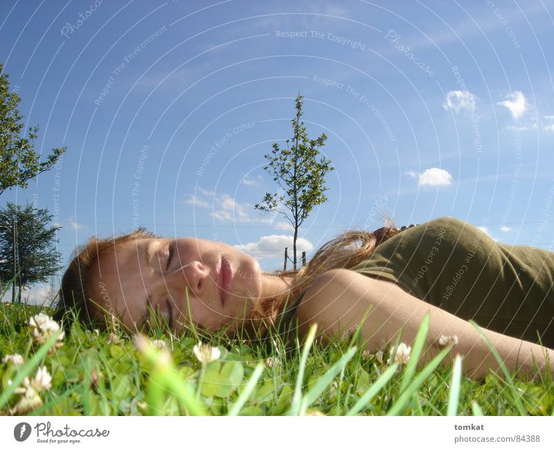Tina in the picture Happy Beautiful Healthy Contentment Relaxation Calm Summer Solar Power Nature Sky Flower Grass Blossom Meadow Lie Green woman Ecological