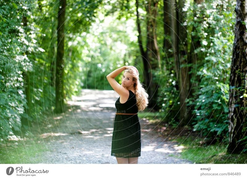 forest road Feminine Young woman Youth (Young adults) 1 Human being 18 - 30 years Adults Environment Nature Summer Beautiful weather Forest Natural Green