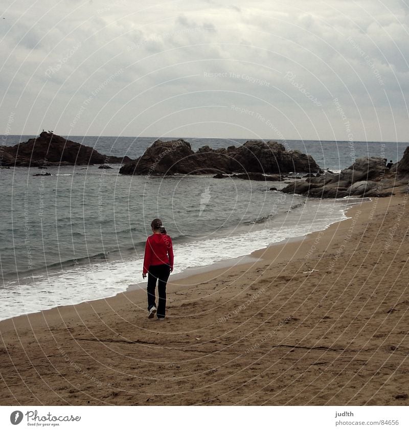 beach walk Ocean Coast Clouds Vacation & Travel Red Loneliness Beach Woman Grief Bad weather Gray Going Think Thought In transit Waves White crest Sky Barcelona