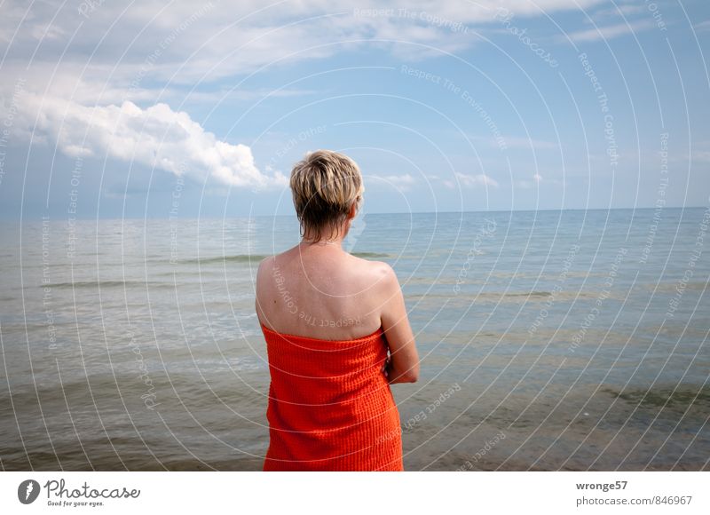 Woman and sea Human being Feminine Adults 1 45 - 60 years Relaxation Blonde Wet Blue Red Bath towel Ocean Baltic Sea Surface of water Beautiful weather