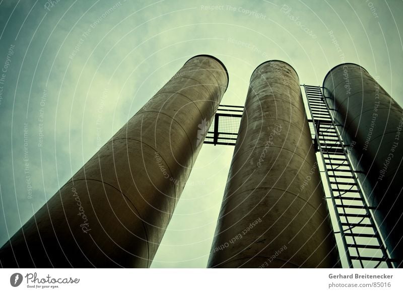 blind men shooting Chimney Factory Sky 3 Tall Ladder Dark Threat Dirty Exhaust gas Industry Environmental pollution