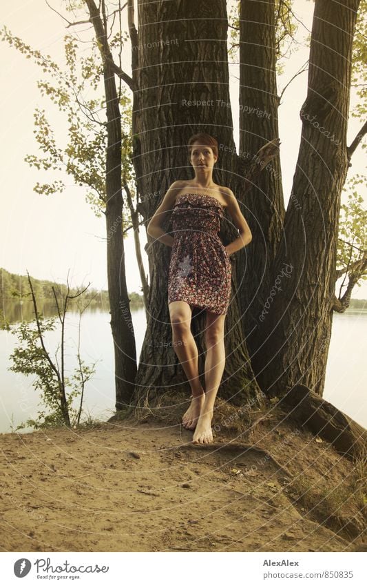 Big Trip Adventure Young woman Youth (Young adults) Body Legs Barefoot 18 - 30 years Adults Nature Summer Tree Lakeside Summer dress Brunette Short-haired Stand
