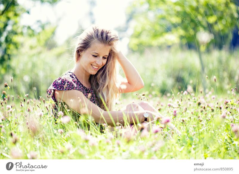 green Feminine Young woman Youth (Young adults) 1 Human being 18 - 30 years Adults Environment Nature Summer Beautiful weather Grass Garden Meadow Happiness