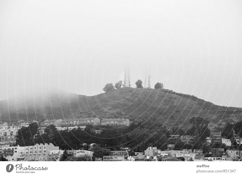 San Francisco Twin Peaks View USA Fog Dreary Hill twin peaks Black & white photo Copy Space top