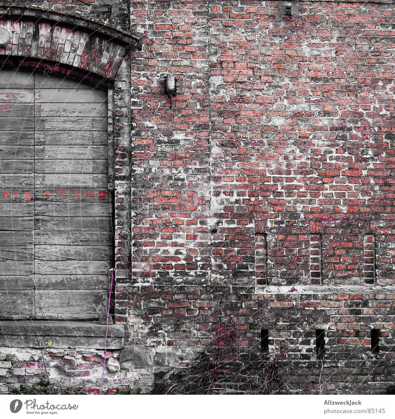 brick studio Wall (building) Wall (barrier) Red Brick Wood Wooden door Gate Square Entrance Beautiful Chic Old Old building Fatigue Loam Passage Portal Shabby