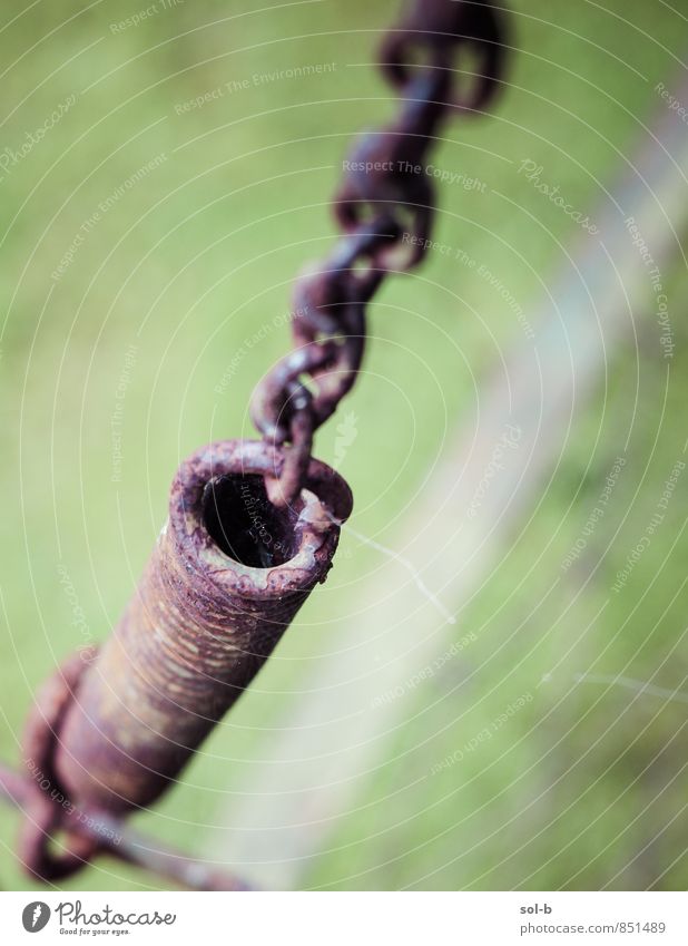 sprng Garden Nature Grass Metal Old Swing Rust Abandon Chain Coil Hang Colour photo Exterior shot Close-up Detail Deserted Copy Space left Copy Space right