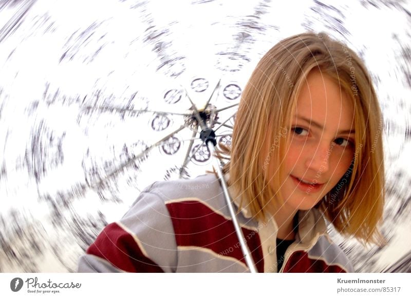 The story... Rotation Long-haired Blonde Striped Amazed Curiosity Sideways glance Pattern Red Shoulder Grinning Photo shoot Easygoing Youth (Young adults)