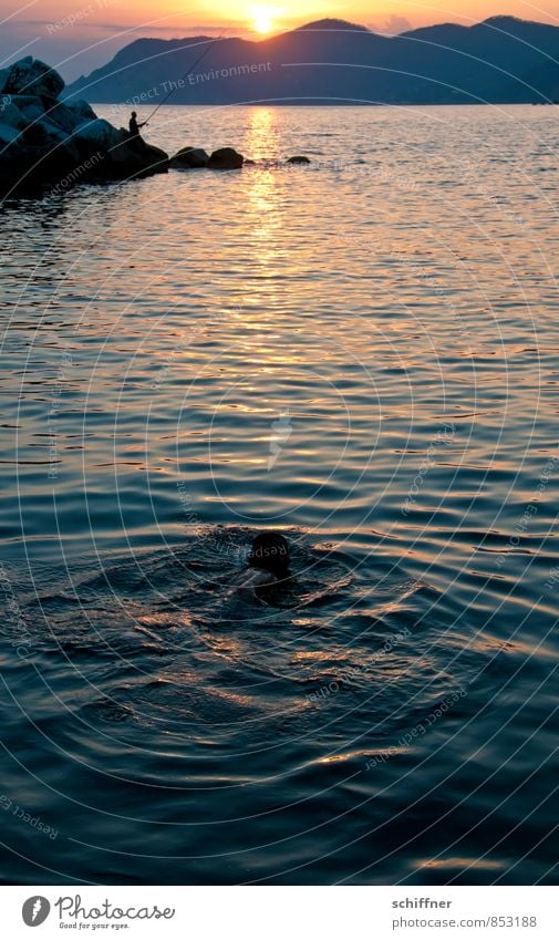 nightswimming Human being 2 Landscape Sun Sunrise Sunset Sunlight Hill Rock Mountain Waves Coast Bay Ocean Swimming & Bathing Fishing (Angle) Angler Fisherman
